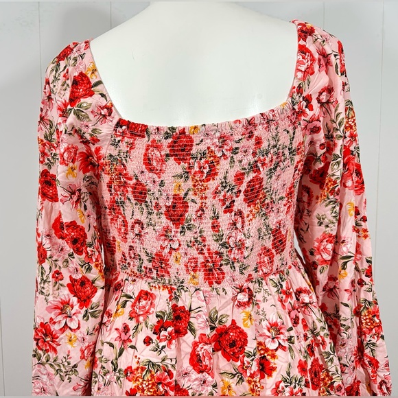 Old Navy 2X Floral Smocked Mini Dress Pink Red Boho Cottagecore Long Sleeve - Picture 8 of 12